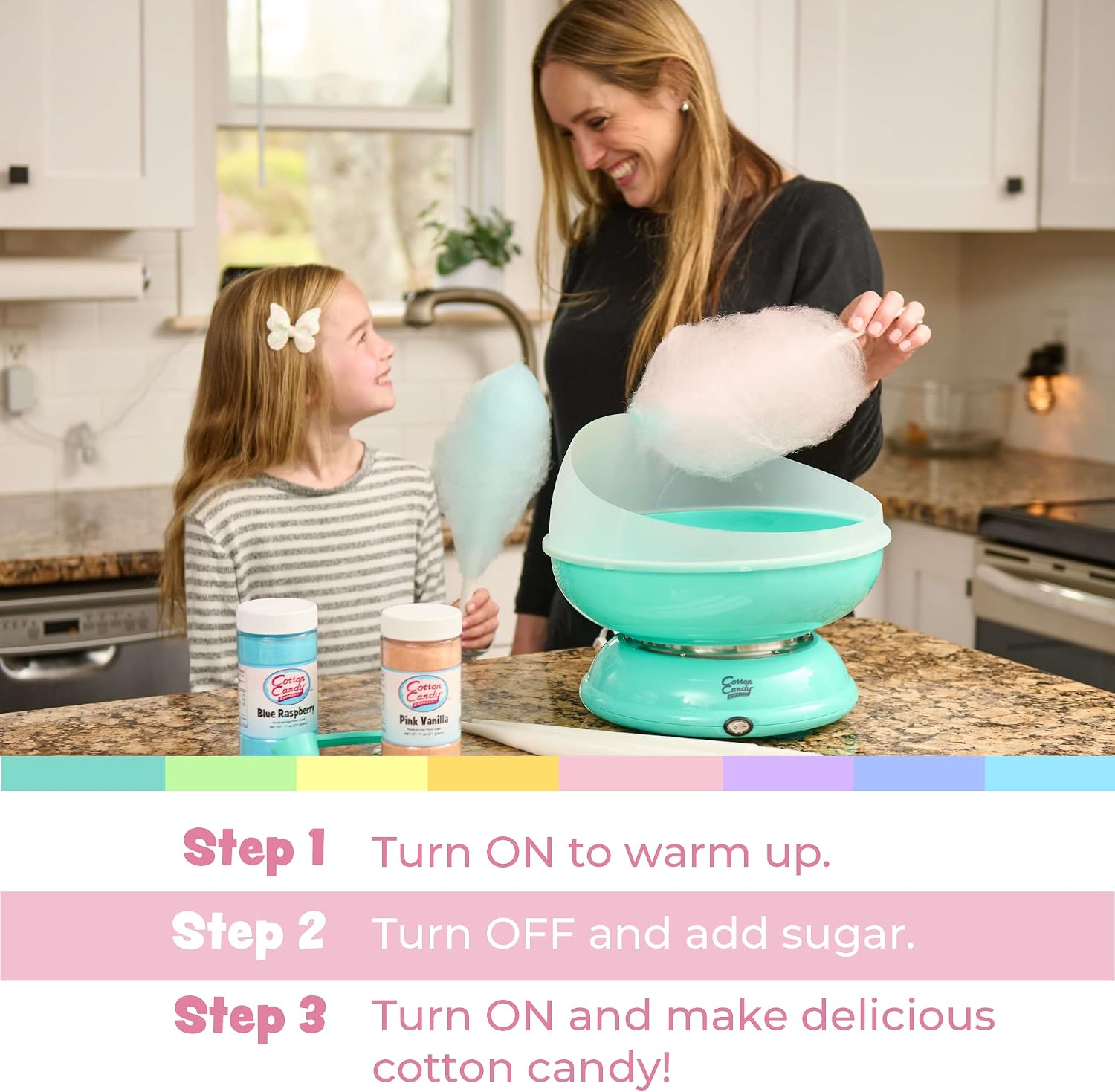 Cotton Candy Express CC1000-S Cotton Candy Machine, with 3 - 11oz. Jars of Cherry, Grape, Blue Raspberry, Orange, Pink Vanilla Floss Sugar & 50 Paper Cones Easy to Use and Clean