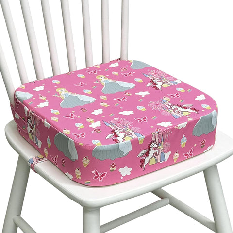 Toddler Booster Seat for Dining Table, Waterproof Kids Booster Seat for Kitchen Chair, High Density Foam Cushion with Non-Slip Bottom, Washable Cover & Adjustable Straps (Pink Castle)