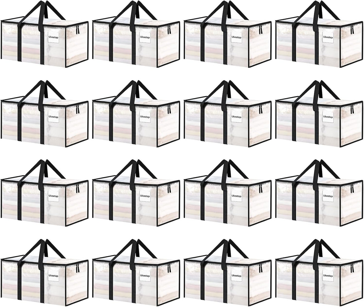 16 Pack Extra Large Clothes Storage Bins with Lids, Moving Bags, Clear