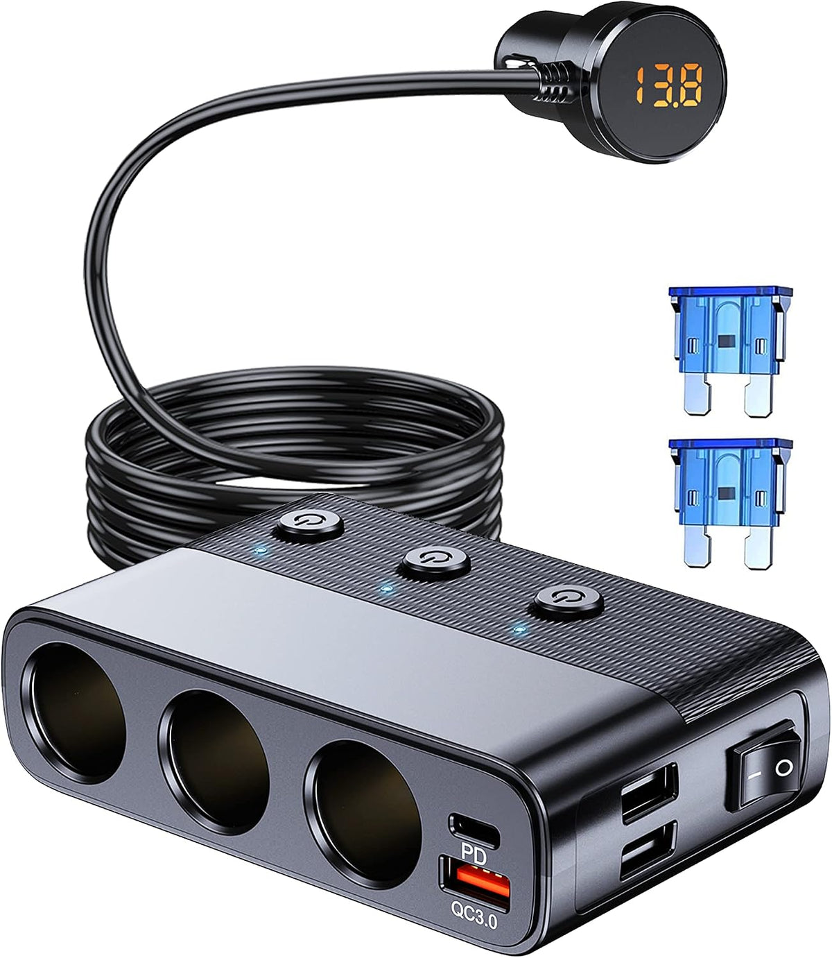 LIHAN 7-1 Cigarette Lighter Splitter, 3-Socket Adapter with PD 30W Type-C