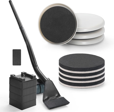 Furniture Lifter Tool + 8-Pack of 3.5" Sliders, Save 80% Effort, Safely and Easily, The Lift and Glide Tool Set for Heavy Furniture and Appliances, Reusable Moving Pads, Floor Protectors for Carpet