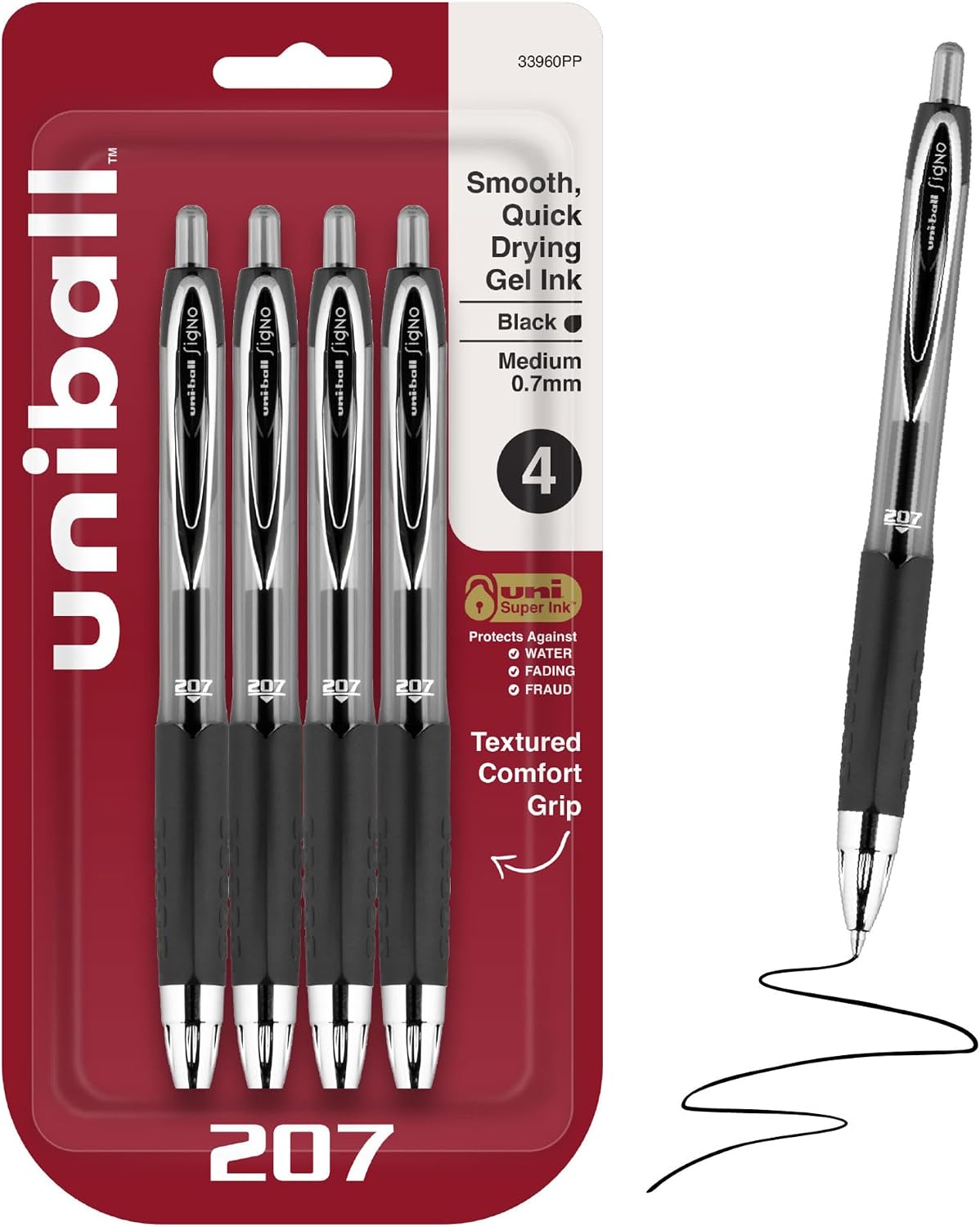 uniball™ 207 Gel Pens, Black Ink, 0.7mm Medium Point, Retractable, 4 Count