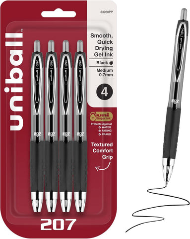 uniball™ 207 Gel Pens, Black Ink, 0.7mm Medium Point, Retractable, 4 Count