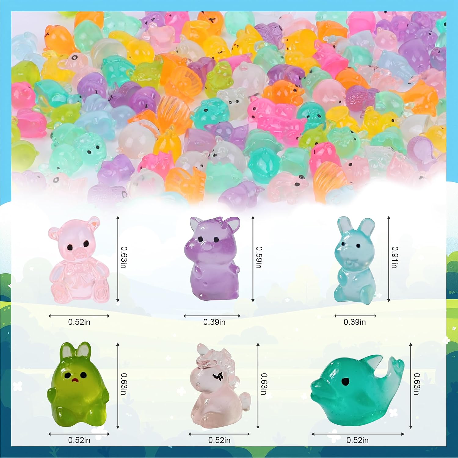 110 PCS Luminous Mini Resin Animal Figurines, Glow in the Dark Tiny Figures, 50+ Styles Miniature Blind Bags for Classroom, Fairy Garden, Aquarium, DIY Craft & Dollhouse Decor