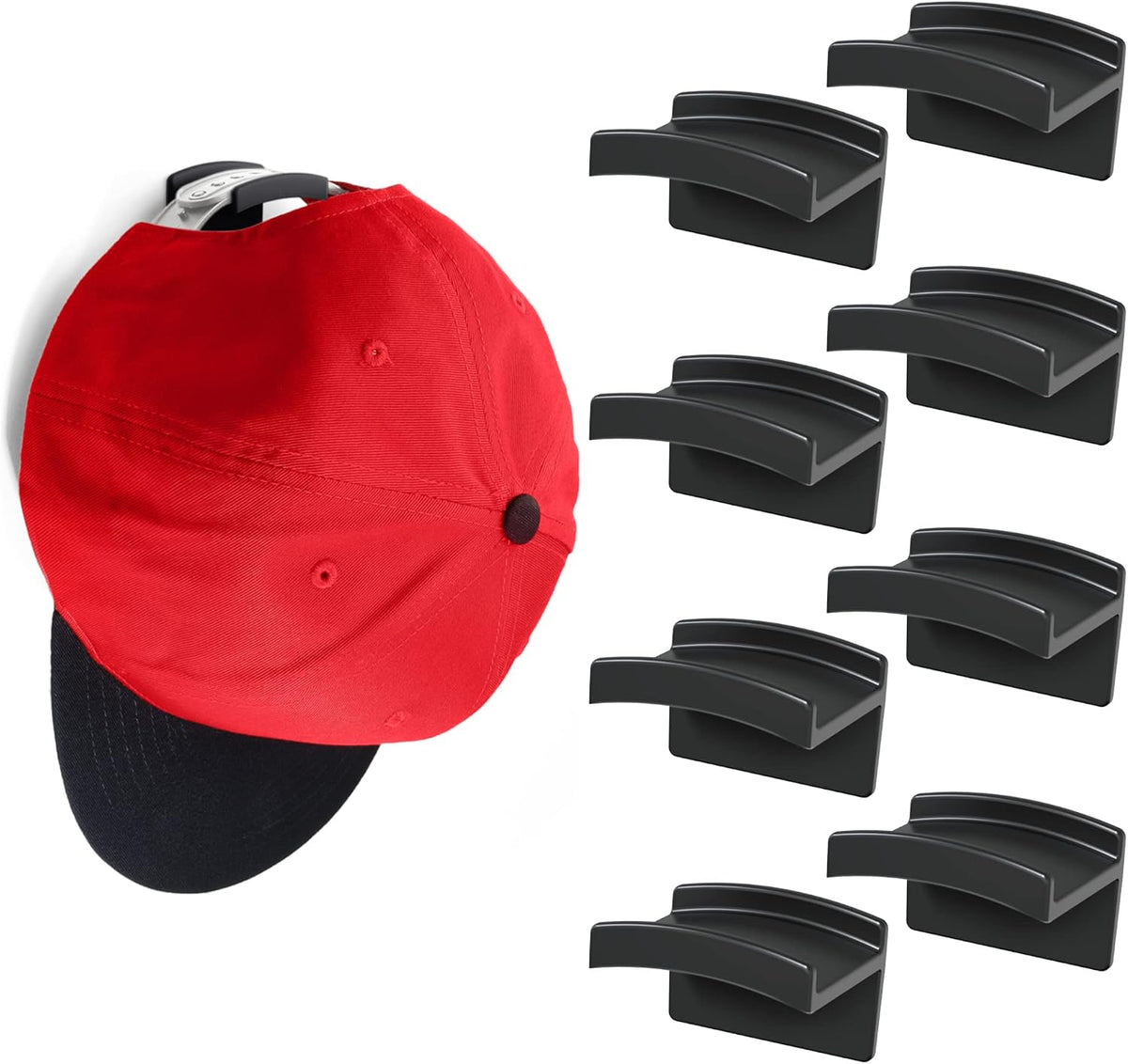 Modern JP Adhesive Hat Hooks for Wall (8-Pack) - Minimalist Hat Rack Design, No Drilling, Strong Hold Hat Hangers - USA Patented, Black