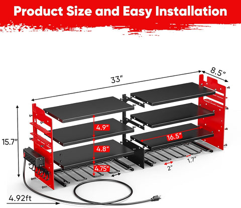 POKIPO Large Power Tool Organizer Wall Mount with Charging Station,4 Layer Heavy Duty Metal Tool Storage Shelf Loads 600lbs,Battery Utility Rack With 4 Outlet Power Strip with 8 Cordless Drill Holder