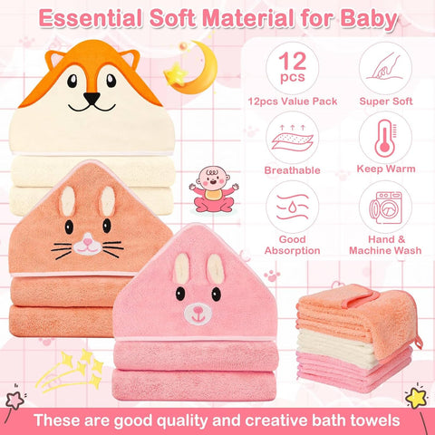12 PCS Baby Towels Set, Baby Bath Towels for Newborn Baby Bath Essentials