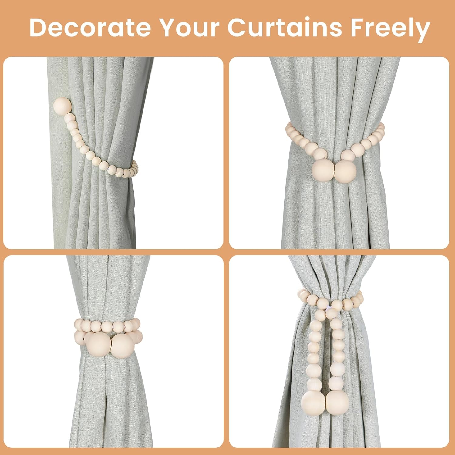 KLOGTSIND Magnetic Curtain Tiebacks, 4 Pack Wood Bead Curtain Holdbacks