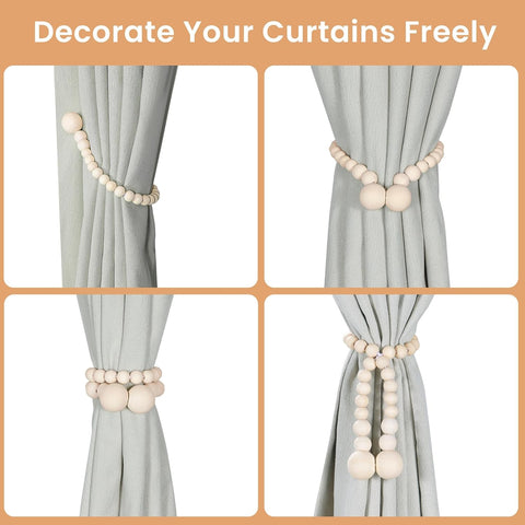 KLOGTSIND Magnetic Curtain Tiebacks, 4 Pack Wood Bead Curtain Holdbacks