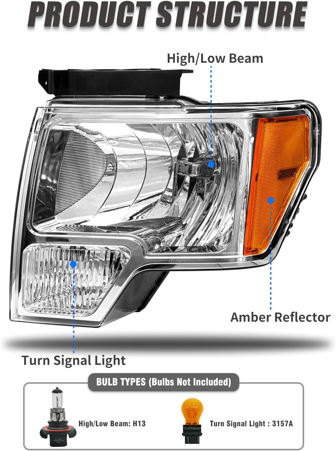 for 2009-2014 Ford F150 Halogen Headlight W/O Bulbs