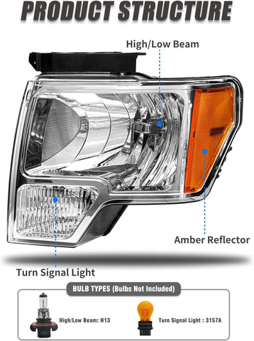for 2009-2014 Ford F150 Halogen Headlight W/O Bulbs