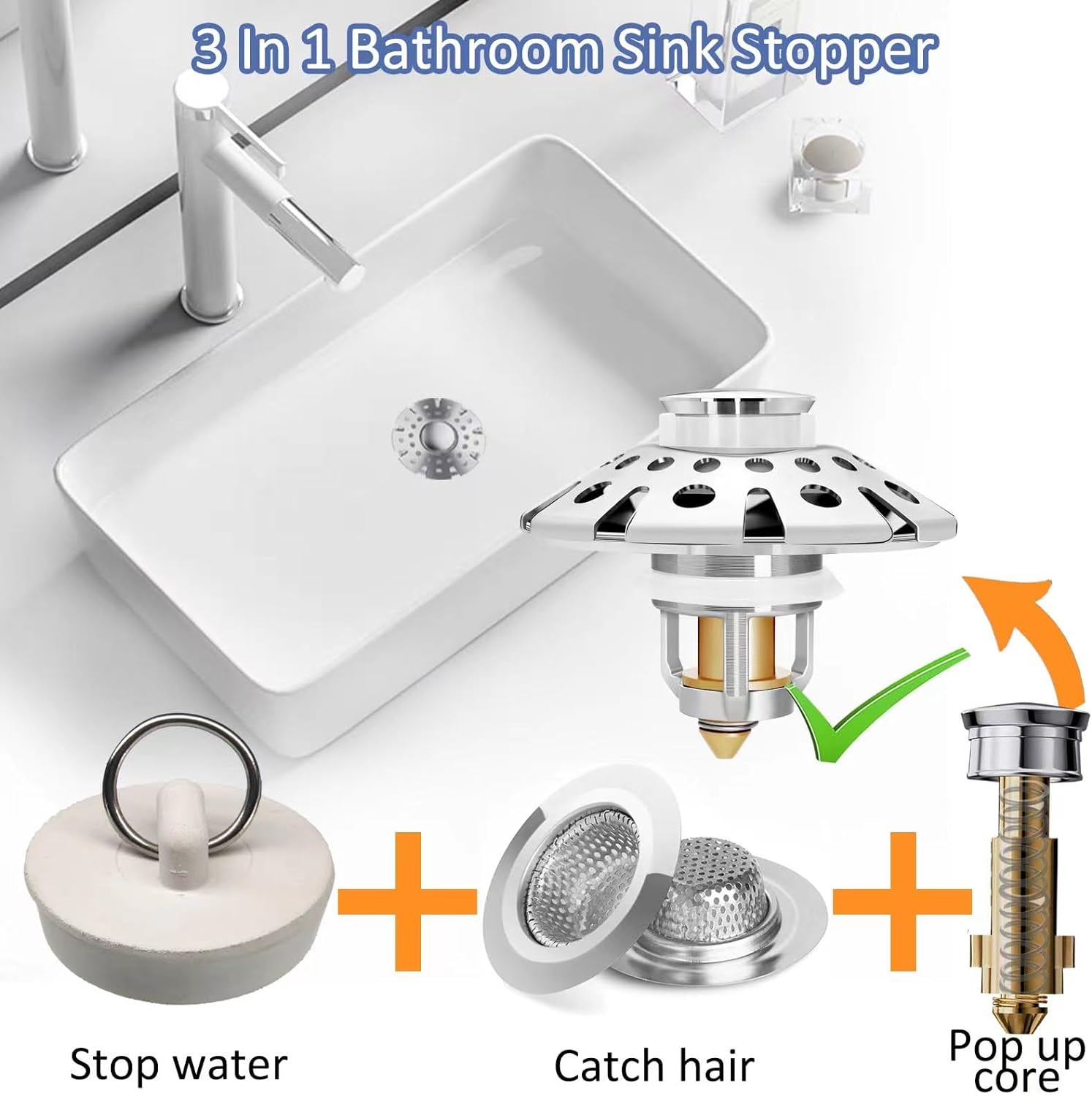 AzWzz Bathroom Sink Stopper with Hair Catcher, Pop Up Sink Drain Strainer
