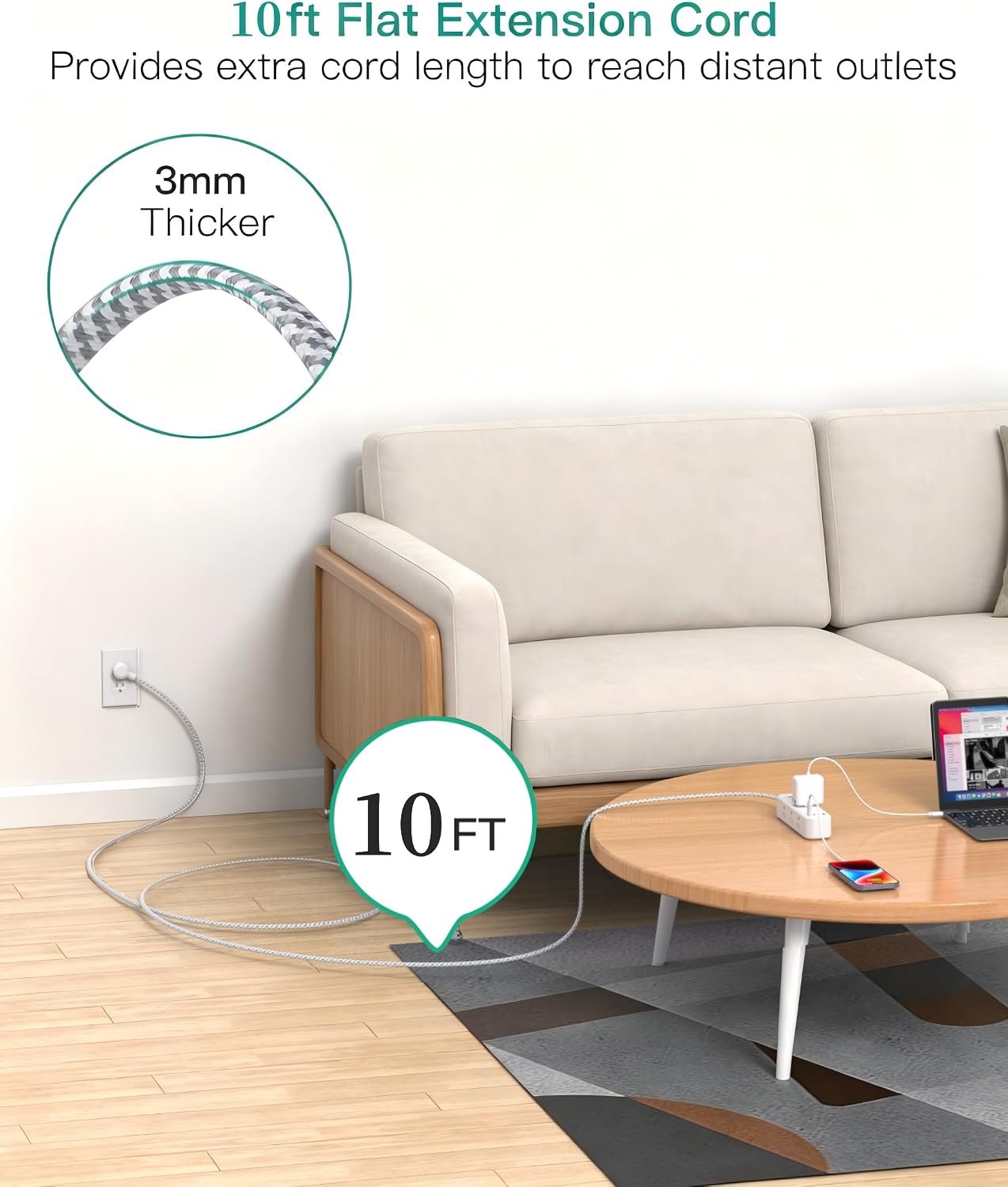 10FT Power Strip, 13-in-1 Long Extension Cord with Multiple Outlets with 9 Wide Spaced Outlets and 4 USB Ports, Flat Plug Wall Mount Charging Station for College Dorm Room Essentials, Office, White