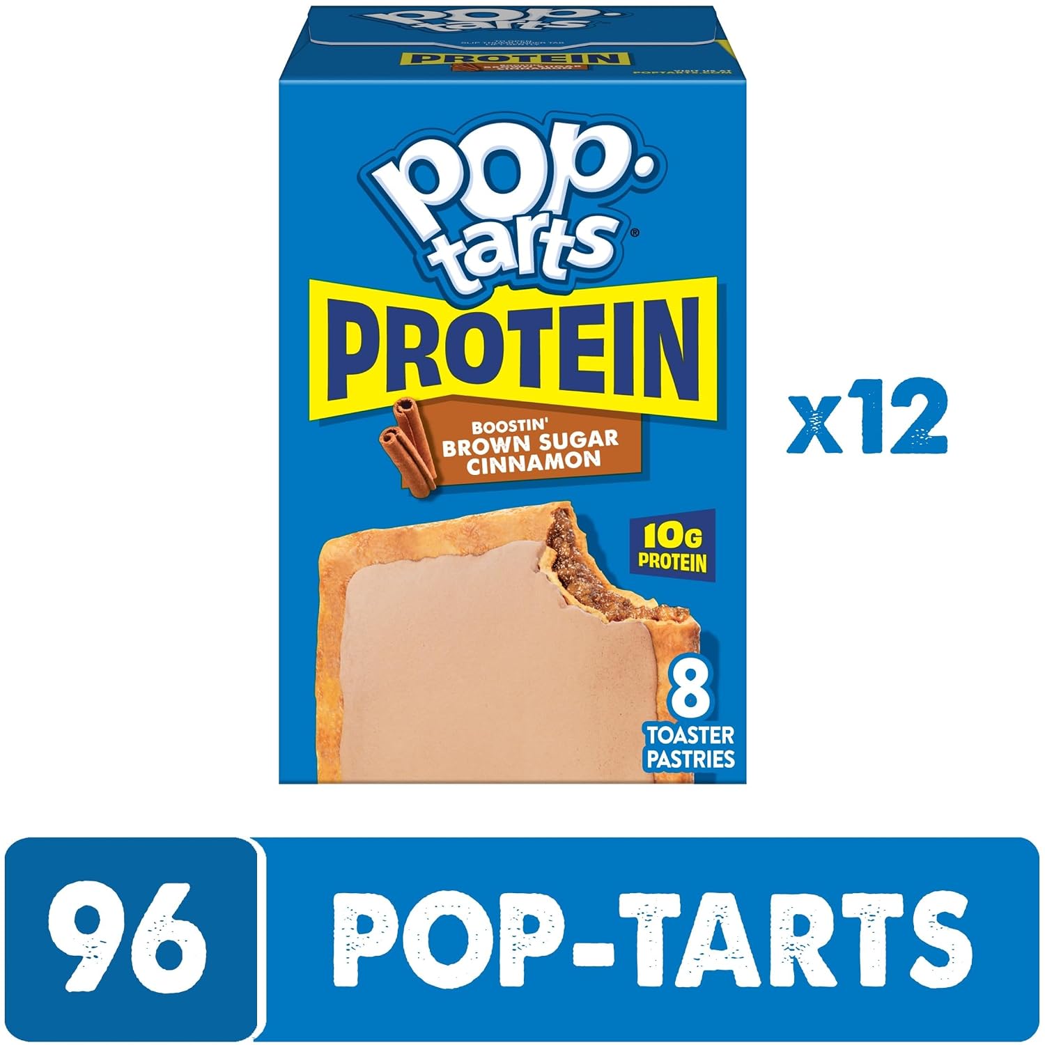 Pop-Tarts Protein Toaster Pastries, 10g Protein, Boostin' Brown Sugar Cinnamon (12 Boxes, 96 Pop-Tarts)