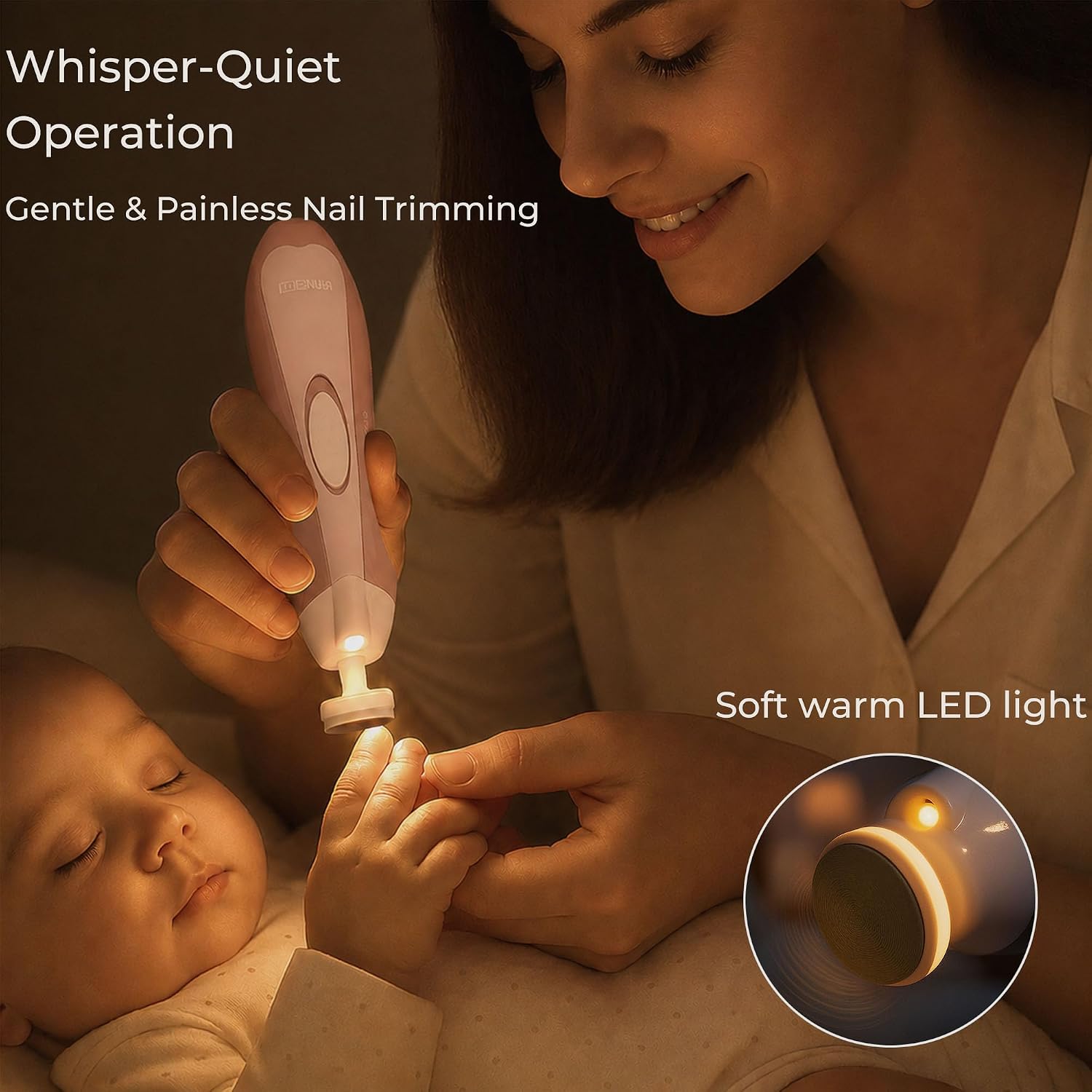 Fansidi Baby Nail Trimmer Electric, Easy & Safe Nail File for Newborn to Toddler, Whisper-Quiet Nighttime Use, Precise 4-Stage Grinding Heads, LED Light, 18-Pcs Kit, Blush Petal Pink, Baby Shower Gift