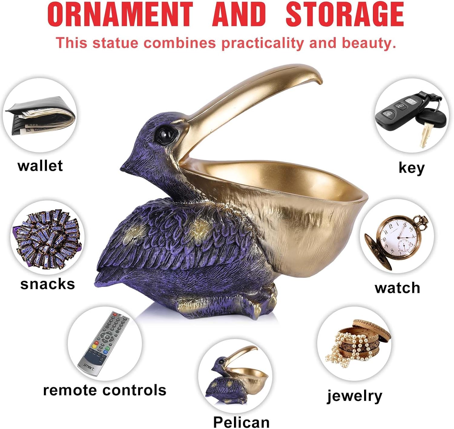 Pelican Key Holder Statues,Fun Animal Hippo Candy Dish,Candy Dish for Office Desk Unique,Modern Key Holder for Pelican Figurine,Suitability Desk bowl and Entry Table Decor Item (Purple Gold)