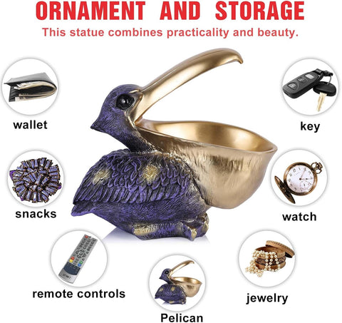 Pelican Key Holder Statues,Fun Animal Hippo Candy Dish,Candy Dish for Office Desk Unique,Modern Key Holder for Pelican Figurine,Suitability Desk bowl and Entry Table Decor Item (Purple Gold)