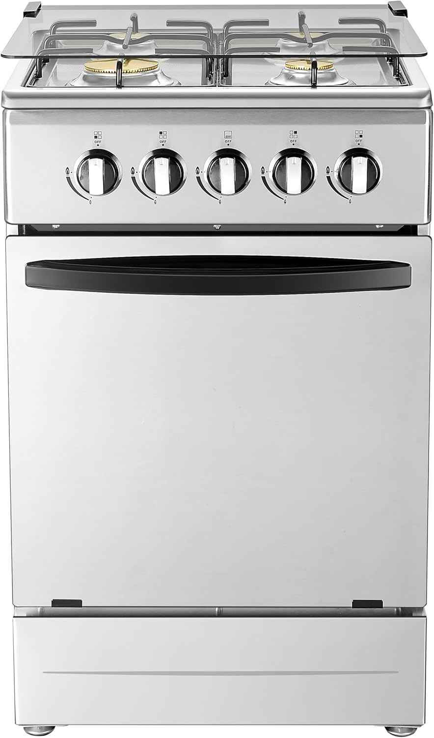 20" Free Standing Gas Stove Oven Range,4 Burner LPG Cooktop with 65L Oven, 201 Stainless Steel Body, Double Layer Mirror Surface Tempered Glass Door, Compact Design for Kitchen (NG-LPG Conversion Kit)