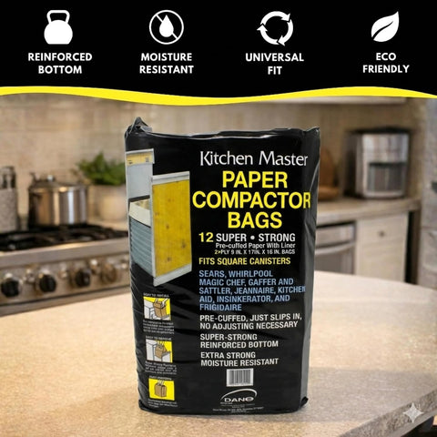 Kitchen Master Super Strong Compactor Bags (48 Pack) | Precuffed, Garbage Compactor Bags, Hardware for Kitchens, Paper Trash Bag, Kitchen Essential, Paper & Plastic Lined
