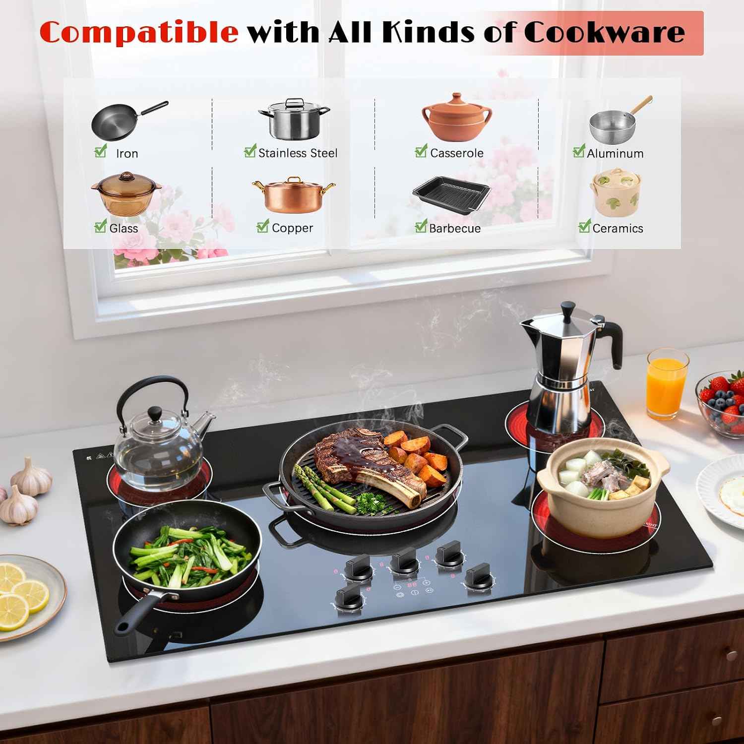 Karinear 36 inch Electric Cooktop, 5 Burner Radiant Ceramic Cooktop,Drop-in