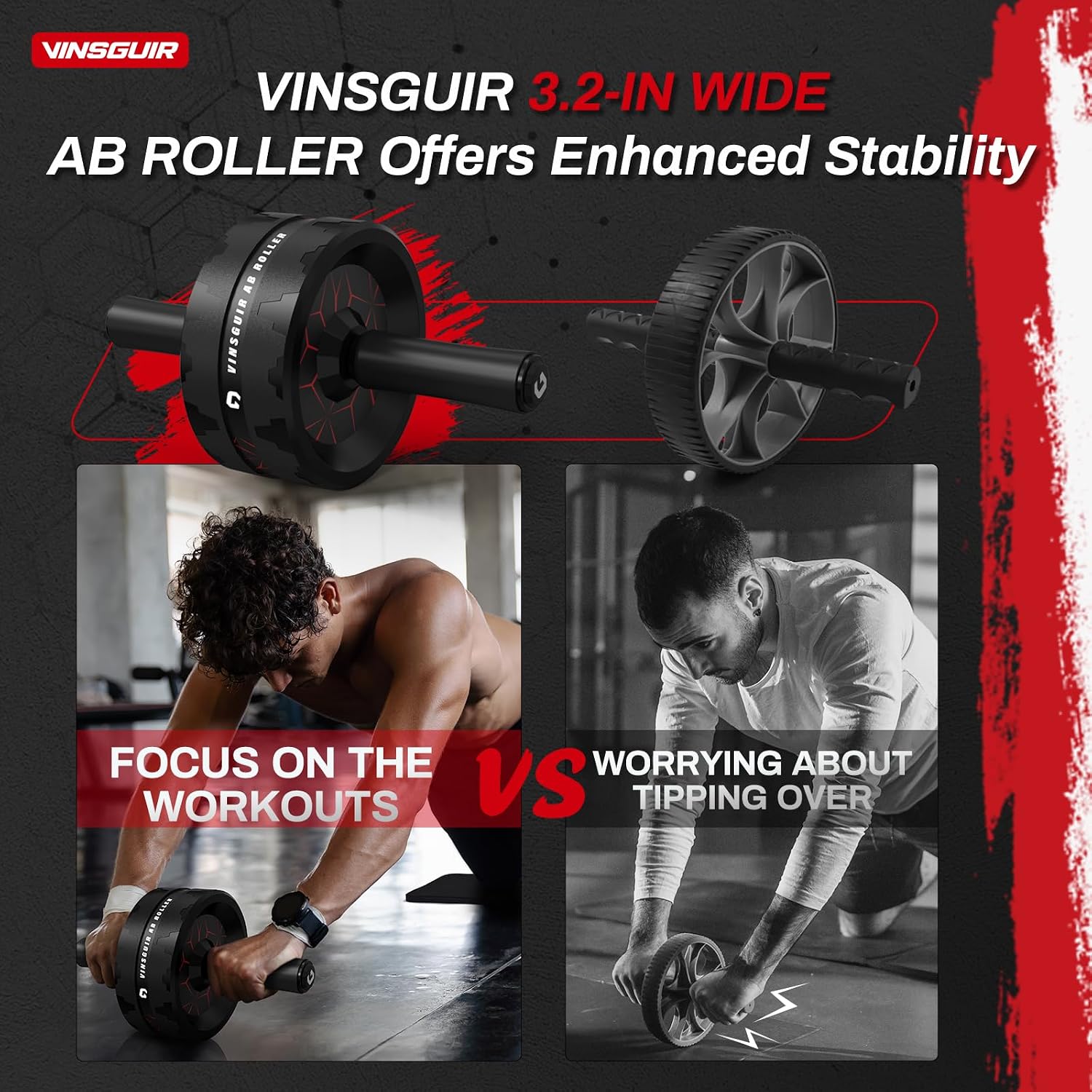VINSGUIR Ab Roller Wheel, Abs & Core Workout Equipment for Home Gym with Knee Pad Accessories, Abdominal Wheel for Full-body Strength Training