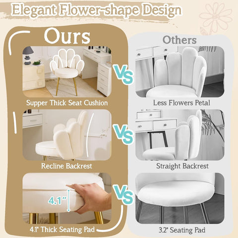 VINGLI Petal Makeup Vanity Chair with Back,Flower Cute Girls Desk Chair Comfy No Wheels,Modern Dining Chair,Small Accent Chair with Adustable Gold Legs&Bow Pillow for Home Office,Bedroom,Velvet,White
