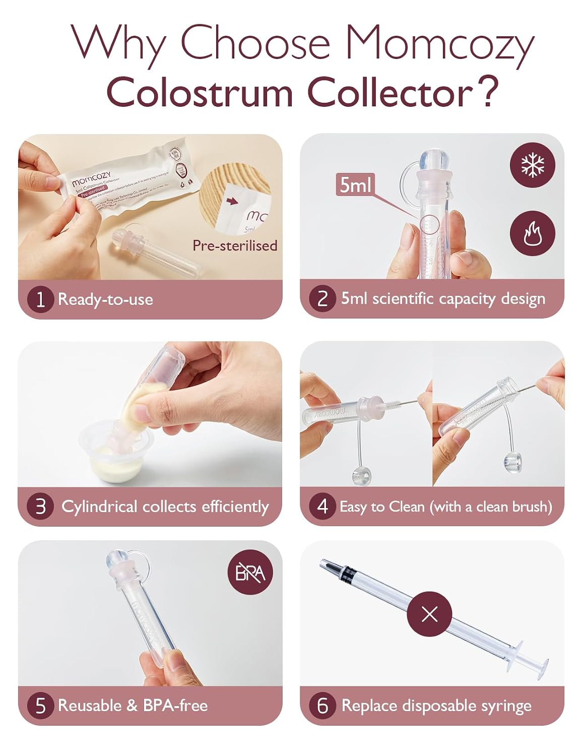 Momcozy Colostrum Collector with Cotton Cloth Wipe Storage Case 5ml-6pcs