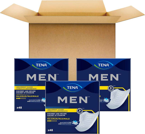 TENA Men Maximum Guards, Incontinence Pads for Men, 144 ct | Engineered to fit the male anatomy, these discreet, cup-shaped male guards help manage moderate bladder leaks, odor & wetness