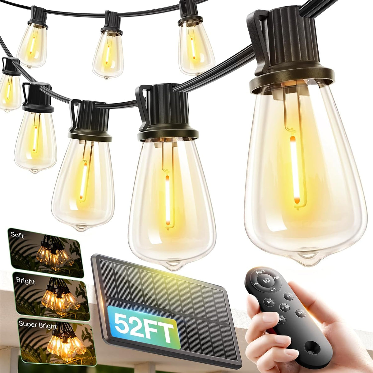 addlon 52FT(48+4) Solar String Lights Outdoor, Waterproof Dimmable 16+1 LED
