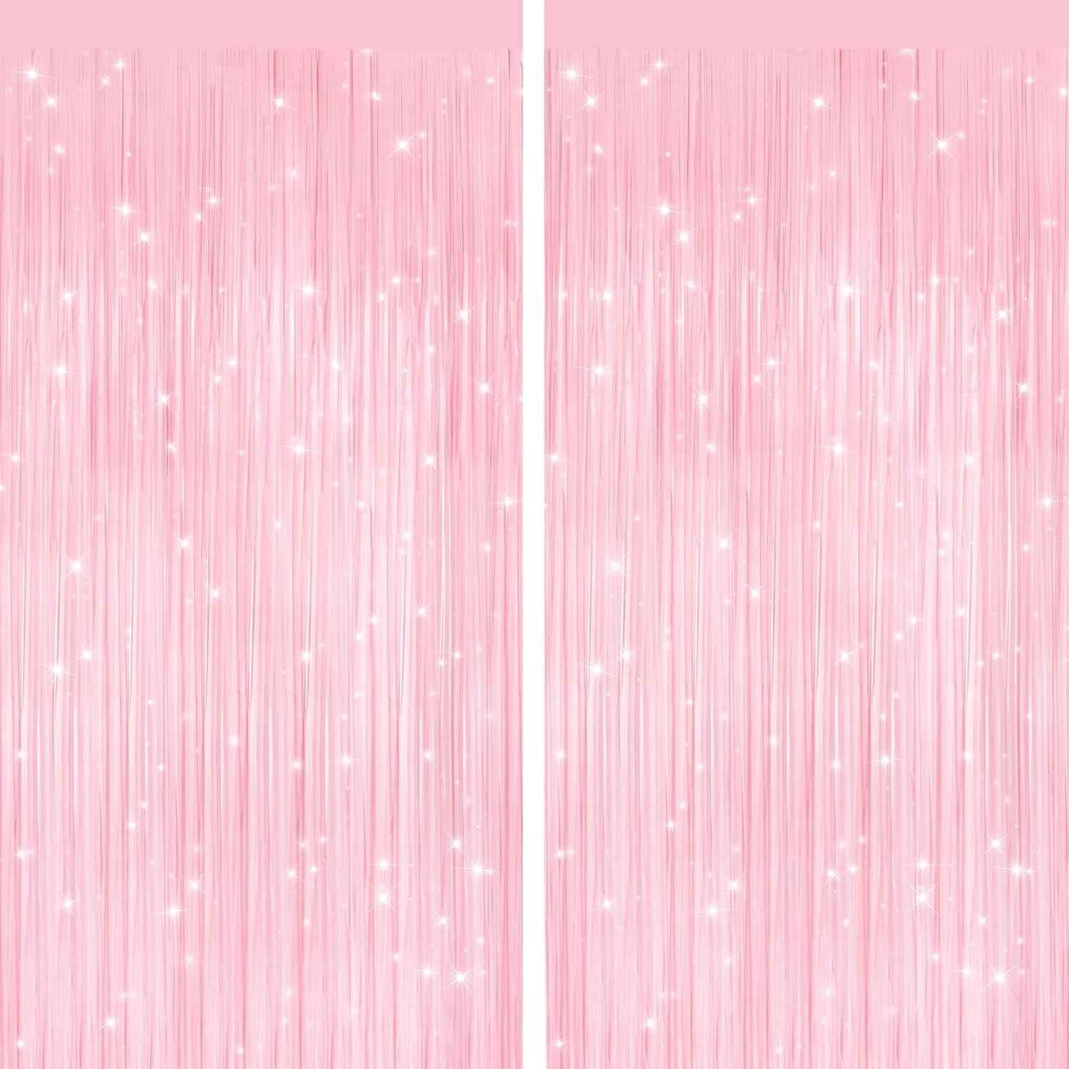 Pastel Pink Metallic Fringe Curtains 2 Pack, Tinsel Backdrop for Parties