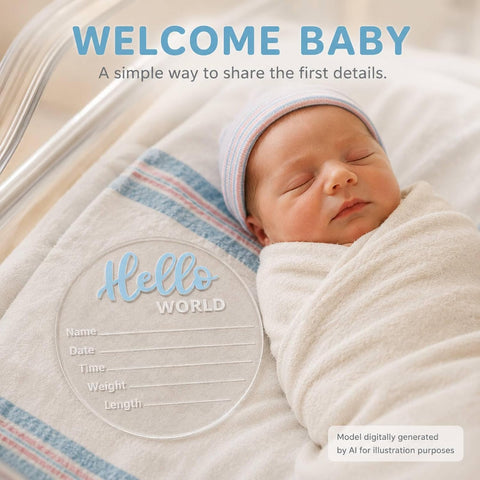 Baby Announcement Sign, 5.9 Inch“Hello World” Newborn Sign for Birth Announcement, Baby Name & Welcome Baby Board, Acrylic Newborn Announcement Sign for Hospital (Blue)