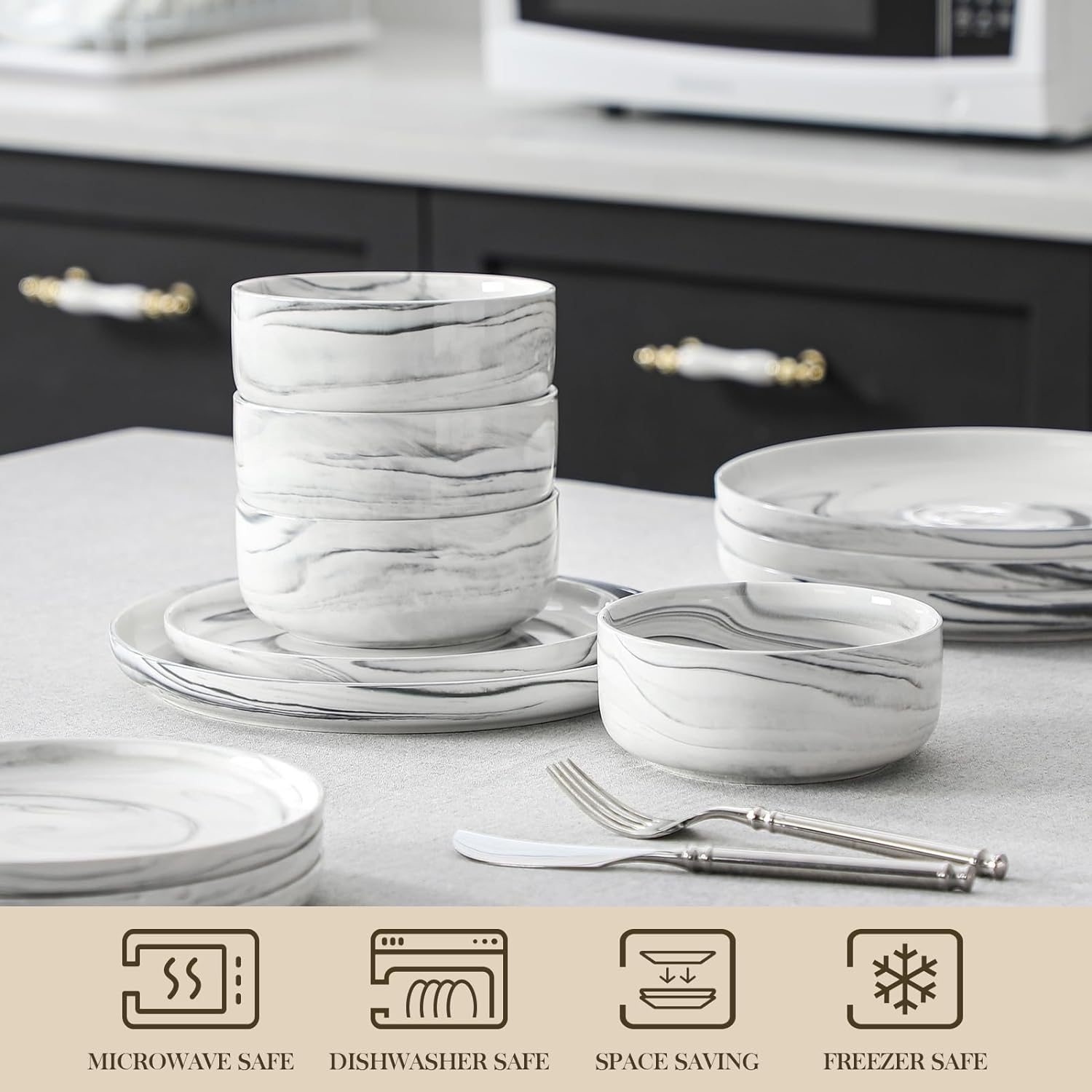 MALACASA 12 Pcs Porcelain Plates and Bowls Sets,Dinnerware Set for 4,Grey