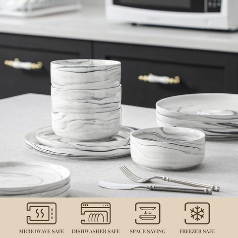 MALACASA 12 Pcs Porcelain Plates and Bowls Sets,Dinnerware Set for 4,Grey