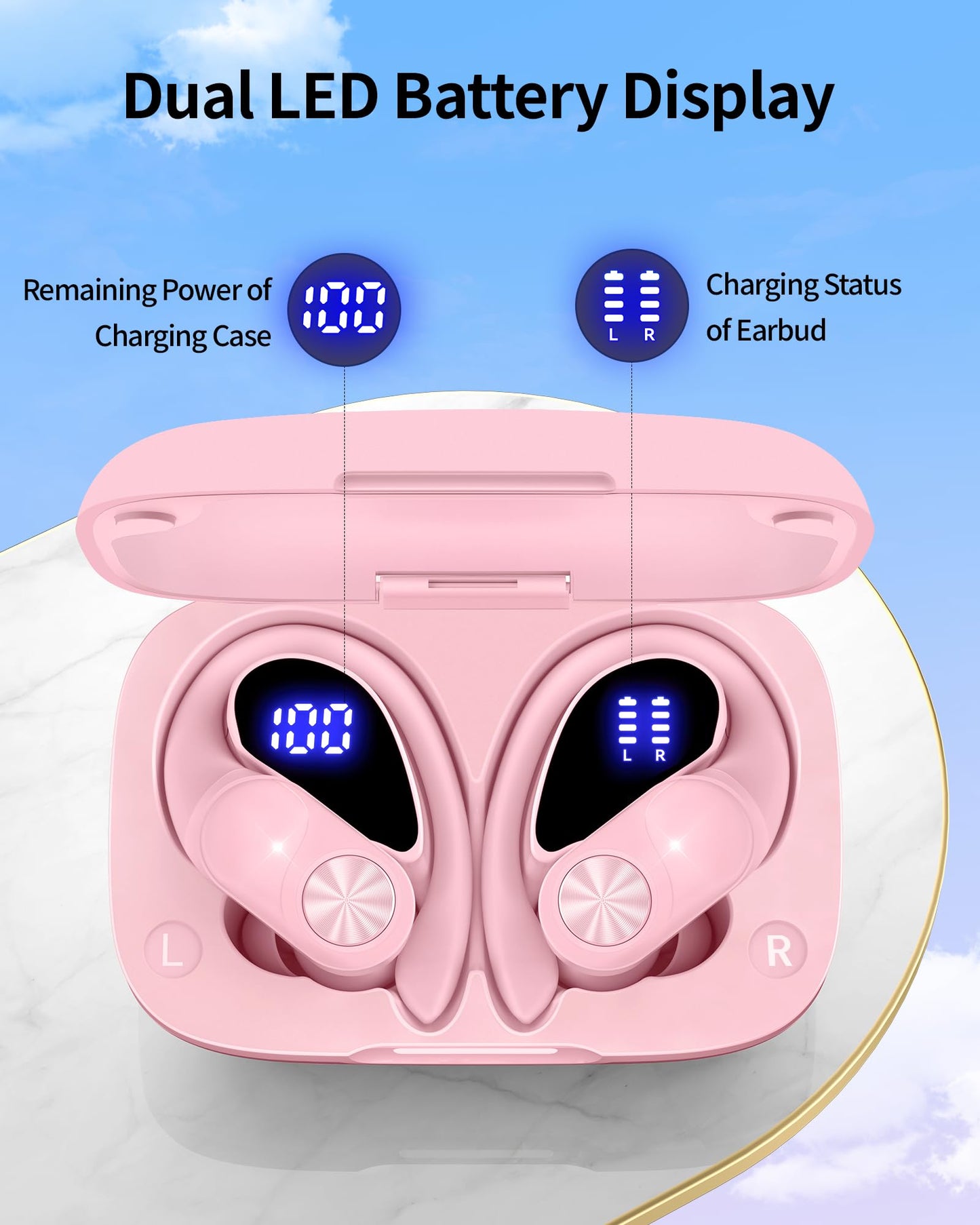 Bluetooth Headphones Wireless Earbuds 80hrs Playtime Wireless Charging Case Digital Display Sports Ear buds with Earhook Premium Deep Bass IPX7 Waterproof Over-Ear Earphones for TV Phone Laptop Pink