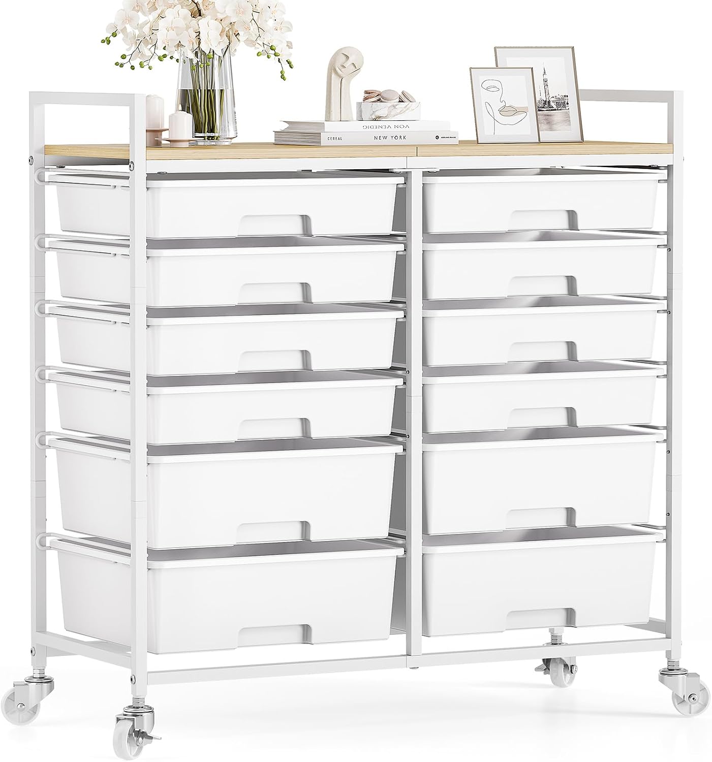TOOLF 12 Drawers Rolling Storage Cart with Wooden Top for Classroom,White