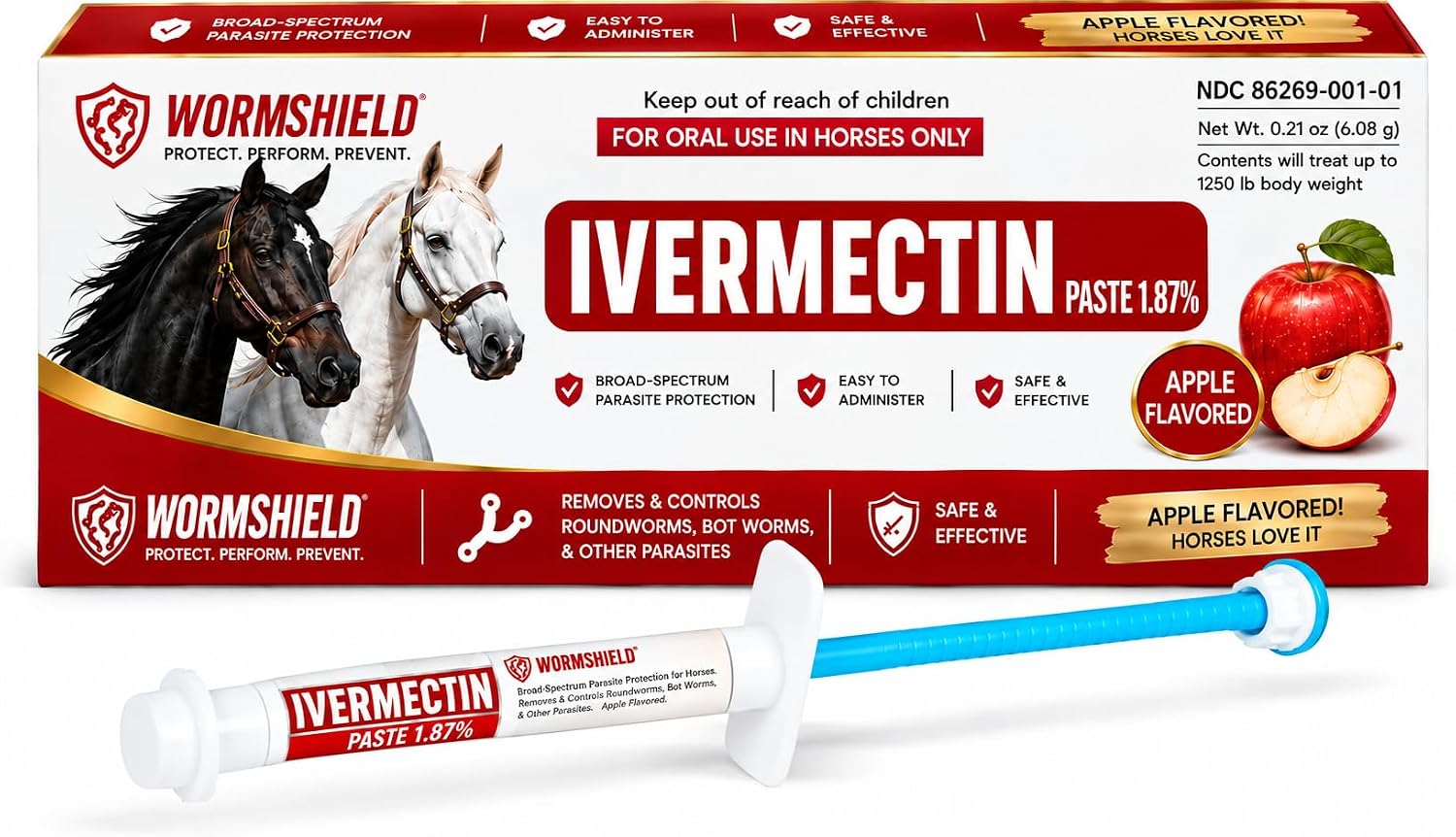 Horse Paste Ivermectin 1.87% | Apple Flavored – 6.08g Syringe for Equine Use Only Up to 1250 LB