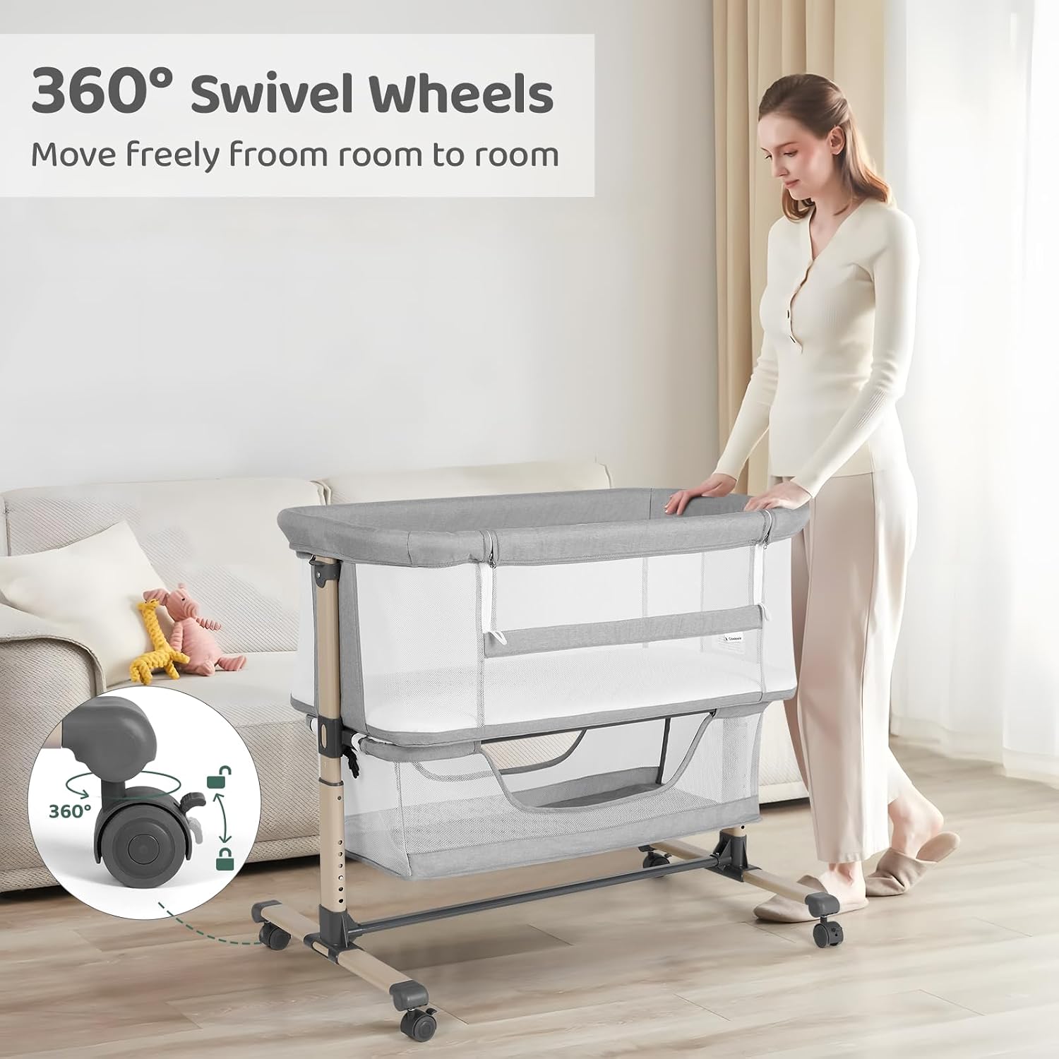 Cowiewie Bassinet Bedside Sleeper, Breathable and Adjustable, Light Grey