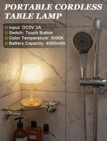 Kakanuo Gold Cordless Shower Lamp Waterproof, Rechargeable Cordless Lamp with 4000mAh Battery, Touch Dimmable Table Lamp for Outdoor, Kitchen, Bathroom, Camping, Patio, IP54