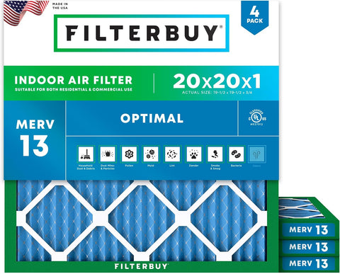 Filterbuy 20x20x1 Air Filter MERV 13 Smoke & Allergy Defense (4-Pack)