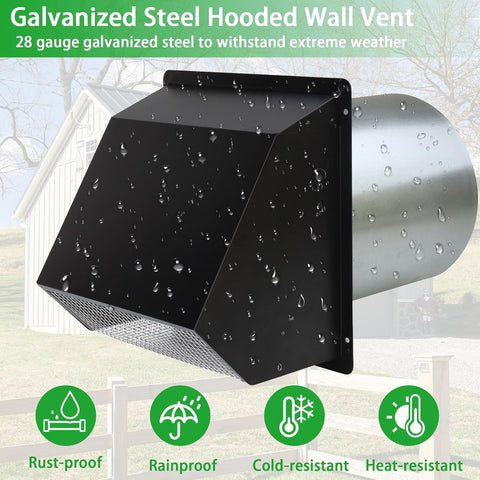 10 Inch Hooded Wall Vent with Screen and Damper,Outdoor Wall Exhaust Vent Cover Cap for Kitchen Range Hood HVAC Duct Dryer Ventilation&Outside Exterior Mount,Galvanized Steel,Black