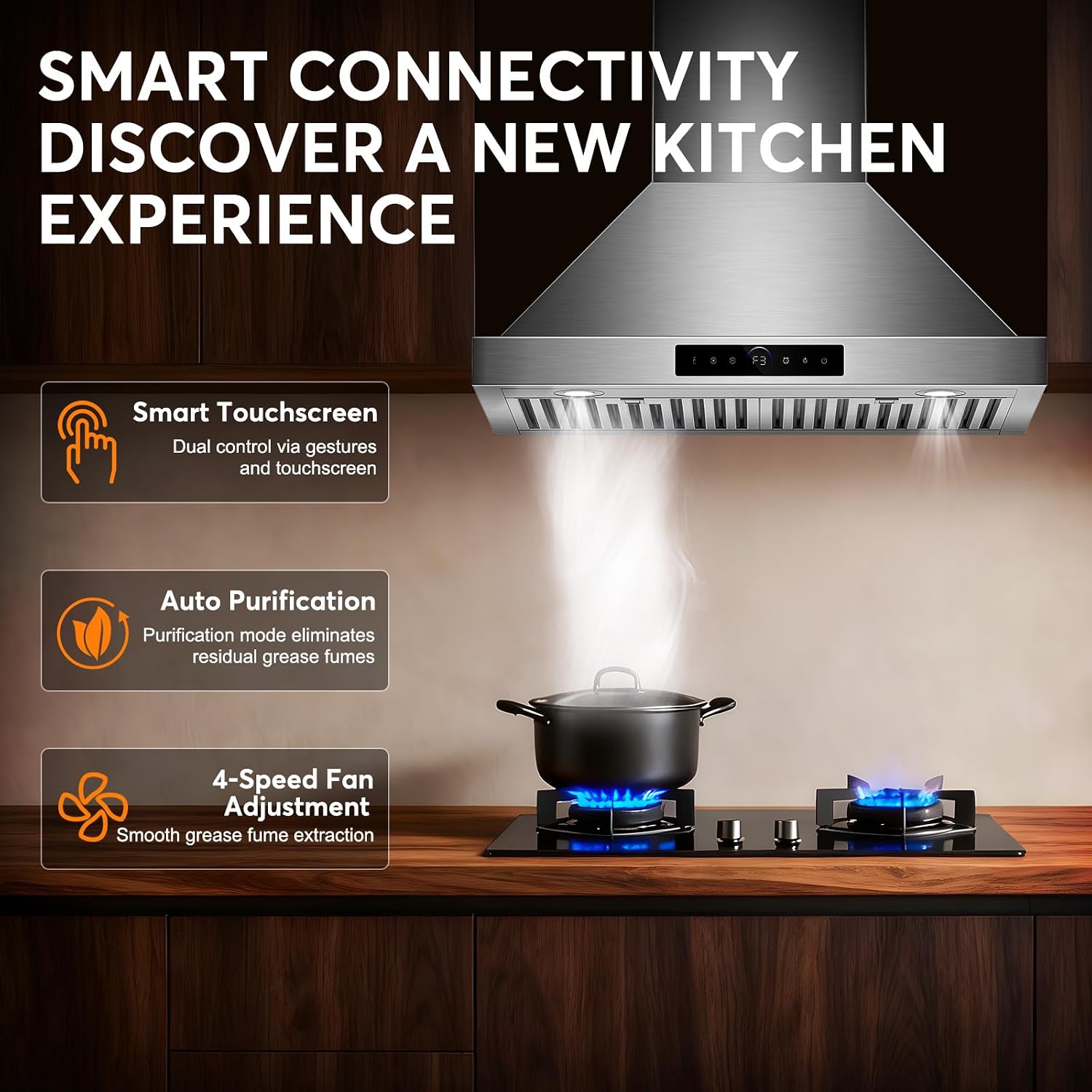 30 Inch Wall Mount Range Hood 1200 CFM, 4-Speed Smart Kitchen Range Hood 30 Inch with Touch Control & Gesture Sensing, 1500 Lumens LED Lights
