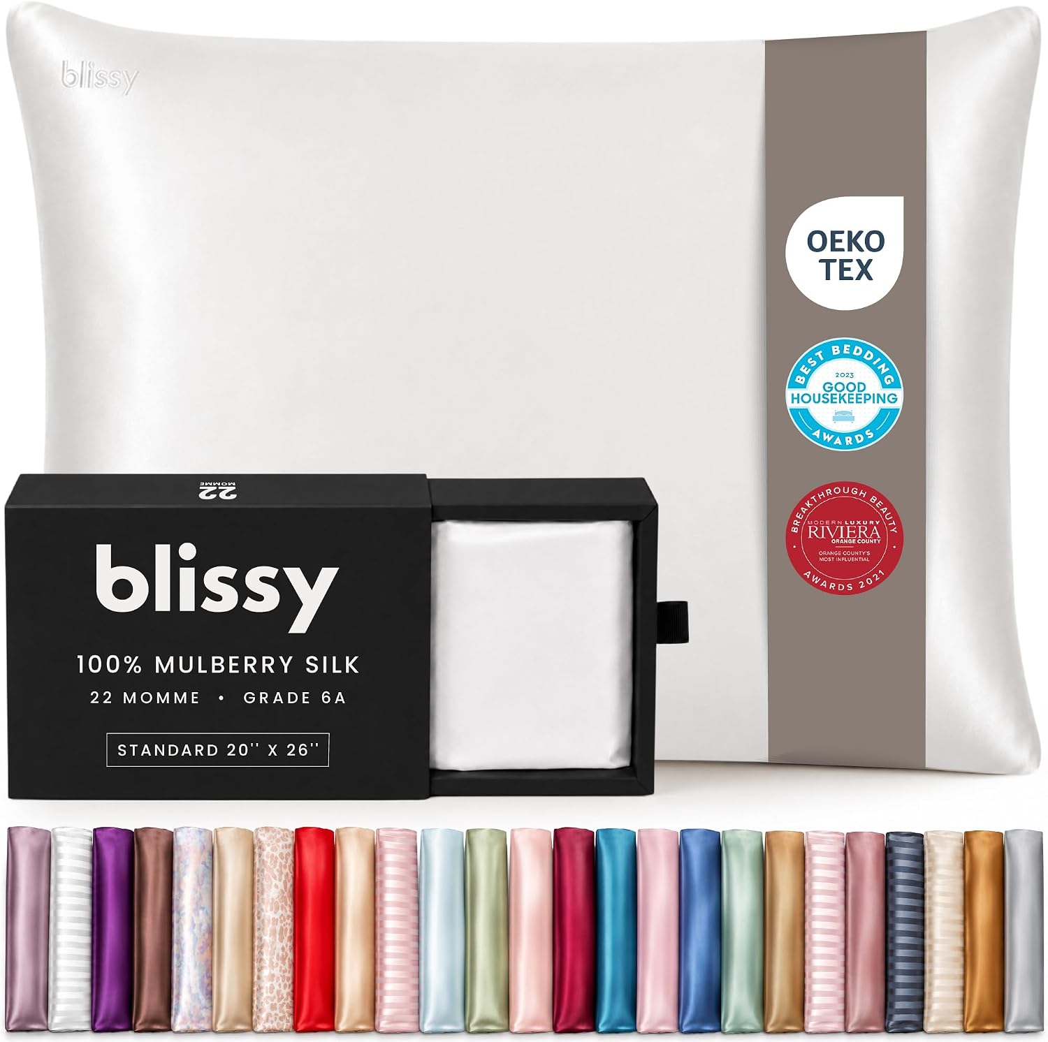 Blissy Silk Pillowcase - 100% Pure Mulberry Silk - 22 Momme 6A High-Grade Fibers - Silk Pillow Cover for Hair & Skin - Regular, Queen & King (Blissy White, Standard)