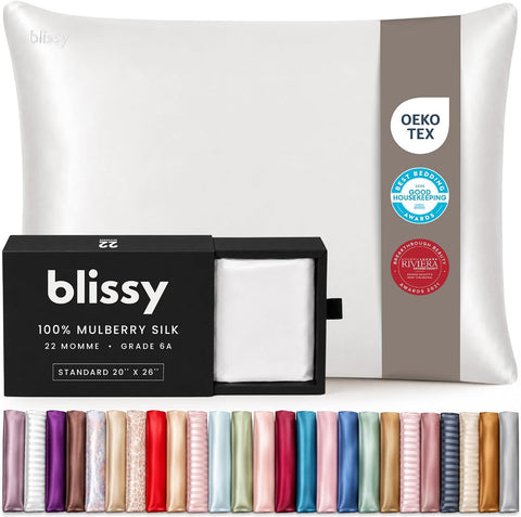 Blissy Silk Pillowcase - 100% Pure Mulberry Silk - 22 Momme 6A High-Grade Fibers - Silk Pillow Cover for Hair & Skin - Regular, Queen & King (Blissy White, Standard)