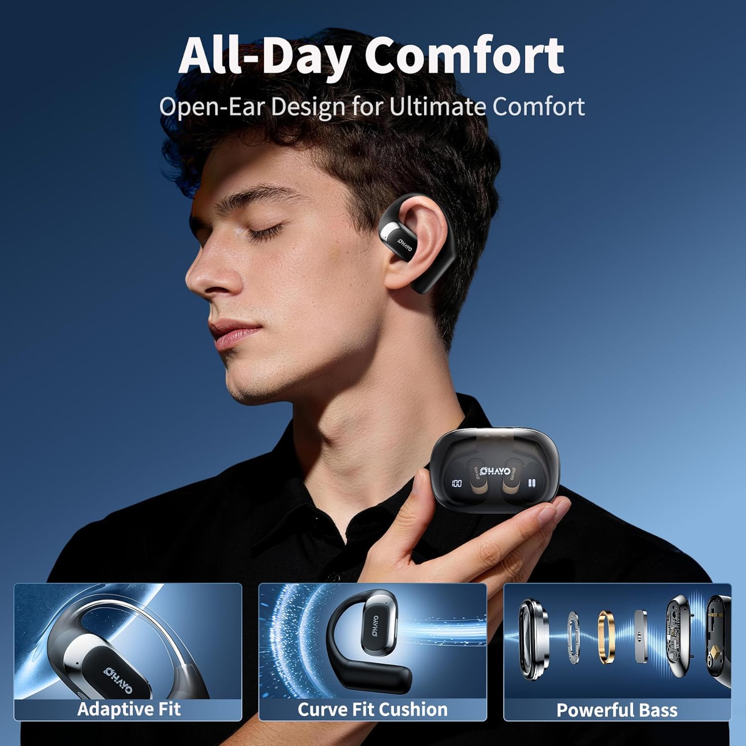 OHAYO Open Ear Headphones,Over Ear Earbuds with Ergonomic Earhook,Bluetooth Headphones 5.4 with Smart Digital Display,40H Playtime,IPX6 Waterproof,Touch Control Operate Fit Cycling,Running,Workout