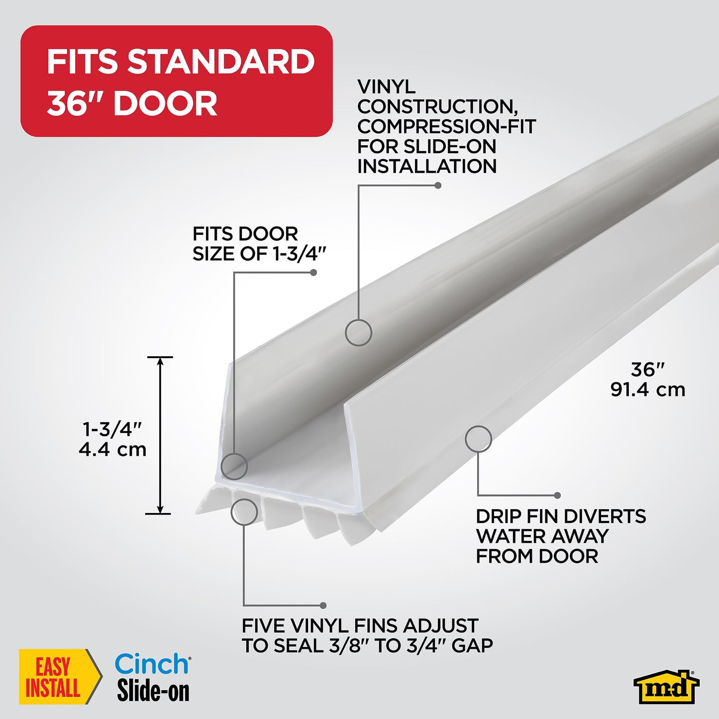 M-D Building Products 43336 36 in. White Vinyl Cinch® U-Shape Slide-On Under Door Seal