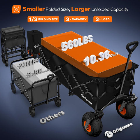 Originsure 300L Foldable Beach Wagon with Big Balloon Wheels, 560lbs, Black