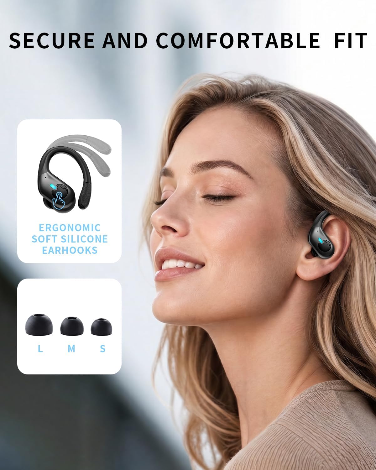 Active Noise Cancelling Ear Buds Wireless Earbuds 90H Playtime Bluetooth Headphones Stereo Bass Over-Ear Hooks Earphones with Power Display Case IPX7 Waterproof Headset for Workout/Running, Black