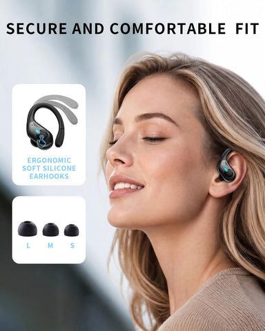 Active Noise Cancelling Ear Buds Wireless Earbuds 90H Playtime Bluetooth Headphones Stereo Bass Over-Ear Hooks Earphones with Power Display Case IPX7 Waterproof Headset for Workout/Running, Black