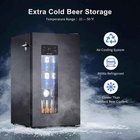 -21°F Ultra-Cold Beer Fridge, 1°F Precise Temp Control, Glass Door Beverage Cooler with Blue LED, Quiet Mini Fridge for Home Bar, Game Days, Mexico Soccer Fans & Party Nights