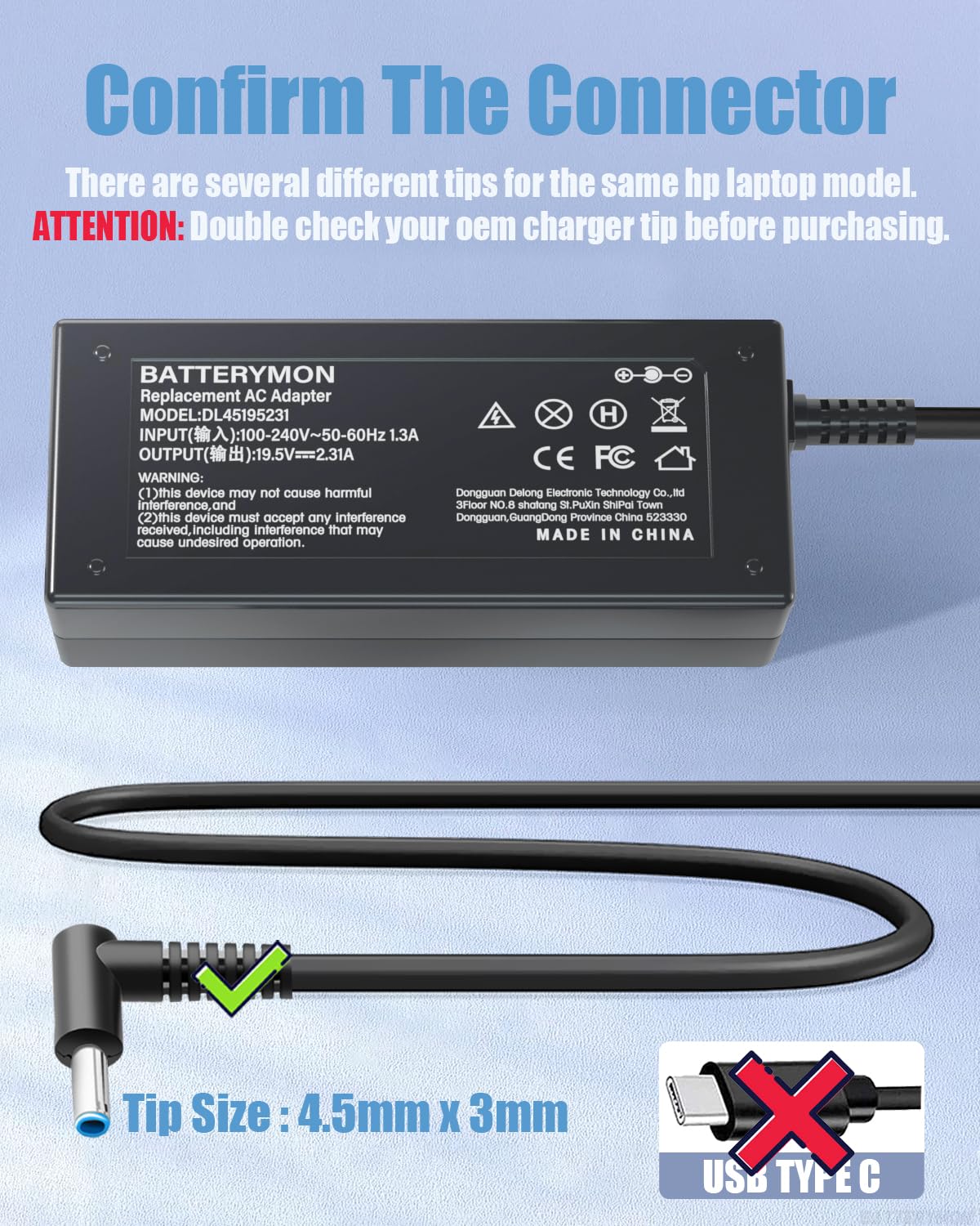 45W 19.5V 2.31A Laptop Power Adapter Charger for HP 741727-001 721092-001 719309-001 HSTNN-DA40 ADP-45WD B, Pavilion TouchSmart 11 13 15 Series Notebook Stream 14 13 11 Envy X360 Blue Tip Cord